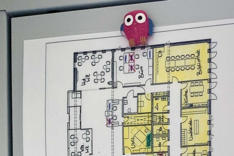 Nachtwächter-Grundrissplan und leuchtende Aufkleber als Hinweis zum Ausschalten von Lichtern und Geräten